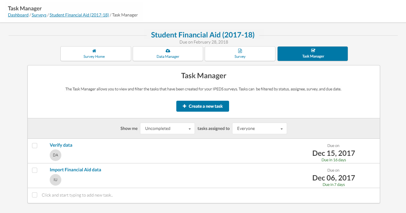 Task list showing two tasks for this survey along with their due dates